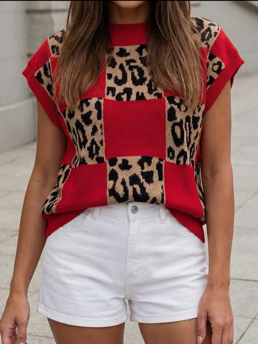 Red Leopard Block Knit Cap-Sleeve Top